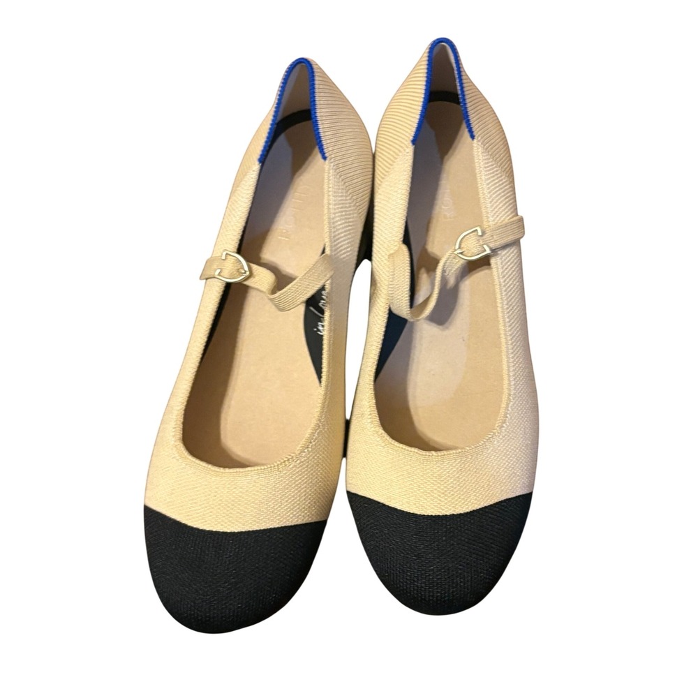 Rothys The Mary Jane Block Heel Sand Captoe Beige Black Size 10.5